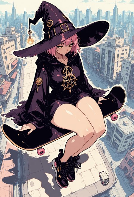 masterpiece, best quality, very aesthetic, detailed face, (dynamic:1.1), partial illumination, thick linework, illustration, 1girl, witch, (huge brimhat:1.1), mage, patched robes, streetwear, casting, pink hair, golden eyes, shadow, d41z3n, curvy, sitting on flying skateboard, city, skater girl, fabric patches, teared clothes, high up, from above, looking down, thoughtful, dangling legs