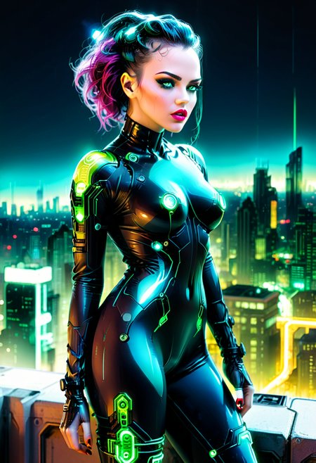nerdy cybernetic cyberpunk woman, nanofiber jumpsuit, seduction and danger, nighttime, outcropping overlooking a neon-lit cityscape, ravishing femme fatale, perfect nose, voluptuous lips, dimly lit dark eyes,  mechanical arms, organic curves with angular mechanics, emanates a potent aura of temptation, dreamlike atmosphere, . vibrant, high-energy, detailed, iconic,  high details cyber<lora:CyberMatriKs:1> <lora:SDXLHighDetail_v5:0.8> <lora:xl_more_art-full_v1:0.8>