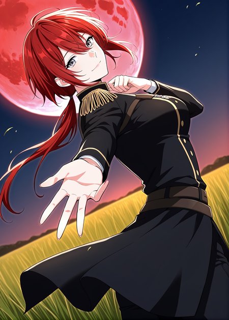 <lora:Claire_Bladeheart__The_Beginning_After_the_End__Illustrious:1>
1 girl, solo, grey eyes, red hair, ponytail, low ponytail, short hair, hair between eyes, bangs, black uniform, black jacket, black pants, epaulettes, long sleeves, belt, black boots, double-breasted
score_9, score_8_up, score_7_up, very aesthetic, source_anime, detailed, high quality, beautiful, masterpiece, detailed eyes, field, blurry background, pose dynamic angle, upper body, cowboy shot, light smile, looking back, reaching out, floating hair, looking at viewer, night, red moon,