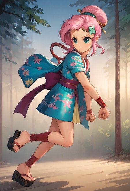 SFW, rating_all, score_10, score_8_up, score_7_up, Equestria girls, (((human))), 1female, (((solo))), (((Fluttershy) cosplaying) as Ayame), short hair, bangs, (pink hair), hair ornament, short sleeves, sidelocks, japanese clothes, kimono, hair bun, (aqua eyes), sash, obi, sandals, single hair bun, rope, hair stick, short kimono, platform footwear, ankle wrap, slender, stern, fighting, detailed, vector, flat colors