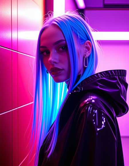 M14L, In a grungy, neon-lit alleyway of a dystopian cyberpunk city, a woman with electric blue hair and piercing eyes adorned in a technicolor, high-tech outfit reminiscent of a futuristic samurai warrior's armor stands defiantly, her full lips curled into a smirk that hints at both confidence and wry humor. The camera captures her close-up profile, the neon lights reflecting off her shimmering attire, casting an eerie glow on her sharply defined features as she gazes directly at the viewer with a challenging yet alluring expression, her long, flowing hair cascading down her back like a waterfall of iridescent silk. The image is rendered in hyperrealistic detail, capturing every curve and crease in the woman's form, as if she has stepped out of a viral internet meme to challenge the viewer with a bold statement of rebellion and defiance.