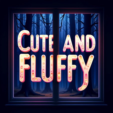 The words, 'Cute and Fluffy,' Overlayed in rainbow fractal style over a window showing the fae forest at night, brilliant and vibrant text focus