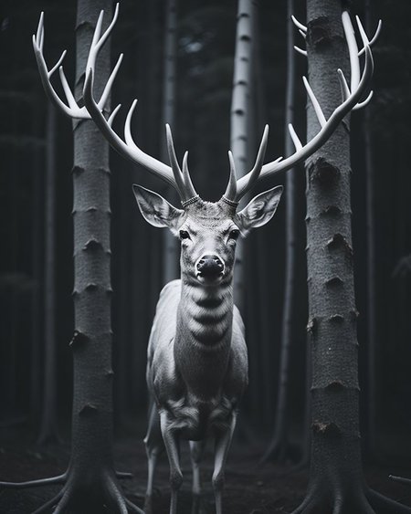 Masterpiece, portrait shot of an Albino male deer in dense forest, photorealistic, cinematic lighting, volumetric lighting, dark atmosphere