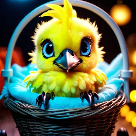 <lora:add-detail-xl:0.8>Baby chocobo sitting in a nest pram in the style of final fantasy glowing eyes, multiple facial expressions, cinematic quality, cinematic lighting, 128k, 1080p, hyper realistic details, Canon EOS 1200p, neon, black light,DSLR, maxim pastel colour palette,(mark ryden 1.3) <lora:bigeyes-xl-v1:0.8> big eyes, anime eyes