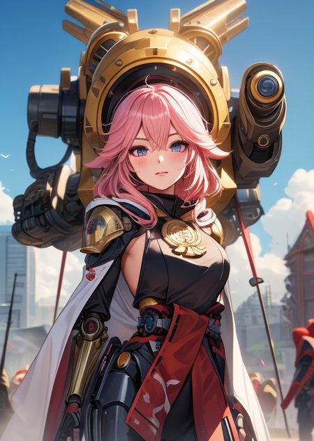 (1girl, yae miko, pink hair,bolter) (digital) ( dynamic pose in detailed floating city, fox ears, (skull, tube, robot, science fiction, humanoid robot, cyborg, extra arms, hood, robe, steampunk, armor)) , best quality,   <lora:boldline:0.2> <lora:hairdetailer:0.2> techpriest <lora:techpriest:0.4>   <lora:yaemiko1-000008:0.5>  <lora:edgWar40KAdeptaSororitas:0.8, masterpiece, best quality