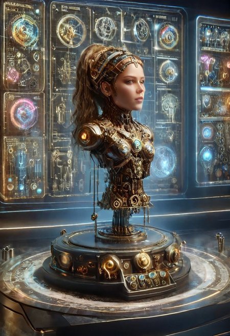 clockwork wind up head, made from gears and pistons and pullies, wind up clockwork key on the side, on a marble desk in a museum, in a display stand, female upper half body, Dramatic lighting. 
cinematic masterpiece, 
OverallDetail, SteamPunk