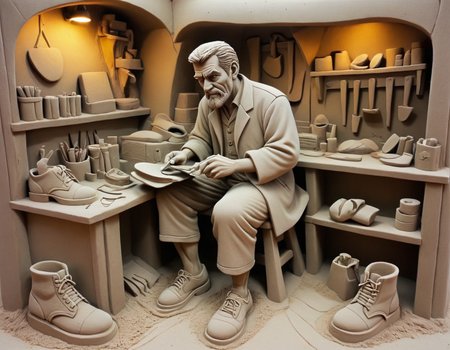 In a sand sculpture style,  <lora:Sand-Sculpture-Style-SCG:0.85>,, A cobbler crafting custom shoes in a quaint shop, leather scraps everywhere.