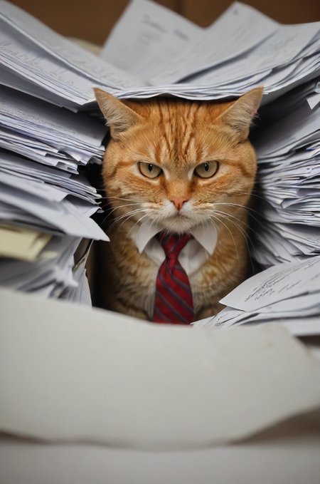 cat? + taxes? tie? buried under paperwork... confused ... disgruntled (angry:1.1)!  <lora:- SDXL - vanta-black_contrast_V3.0:0.8>