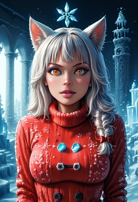 32k, cphotorealistic:1.4, score_9, score_8_up, score_7_up, semi side view, Cambodian woman, long hair, huge boobs, small waist, fitness body, toned muscle, wide hips, An extreme photorealistic upper body shot of a cat girl with mesmerizing golden eyes and slit pupils. She has long, flowing two-tone hair, white and black, with striking, unrealistic beauty. Her pink lips curve slightly to reveal sharp fangs, and her long fingernails are a key feature of her sleek cat suit. Include tiny imperfections like pores, faint freckles, and slight skin texture variations to add realism. Realistic lip texture with soft lines, slight gloss, and natural color variation. Realistically detailed tear ducts, slightly moist, enhancing the natural appearance of the eyes. Faint, barely visible veins under the eyes, adding depth and authenticity to the skin. Individually rendered eyebrow hairs with natural variation in direction, length, and thickness. Variation in hair strand thickness, with some thinner and finer than others. Detailed texture on the red cat suit, showing the weave or material pattern, such as leather, spandex, or velvet. Shadows that move with the character, responding to her position and the light source accurately, 28 YEARS OLD, wrinkles, cat girl, crystal, gem, sparkle, BLUE EYES, CAT EYES, denise, catgirl, Gothic castle, lively, luminescent, Majestic castle, big eyes, fr0stwrld, snow, ice, christmas_sweater, (r0b0t_s4nta_c1aus:2.2)