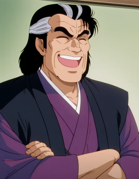 <lora:kaibara_yuzan_ill_0.90-000010:1>, yuzan, old man, closed eyes, crossed arms, haori, laugh, purple kimono, solo, 
masterpiece, best quality, good quality, anime coloring,