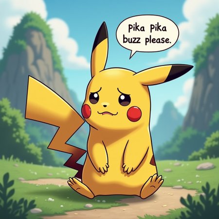 A Pikachu Pokémon character sitting, looking sad, pokemon world background, speech bubble with text written "pika pika buzz please"