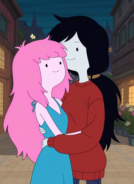 artist:, masterpiece, best quality, newest, very awa, absurdres, highres, advt, 2girls, mrln, dot eyes, grey skin, black hair, long hair, bbgm, pink skin, pink hair, rough hair | long ponytail, red sweater | blue dress, smile, hug, closeup, looking at each other, daytime, city, flowers, detailed, <lora:SDXL\Illustrous\Adventure_Time_style_and_characters:1.0>