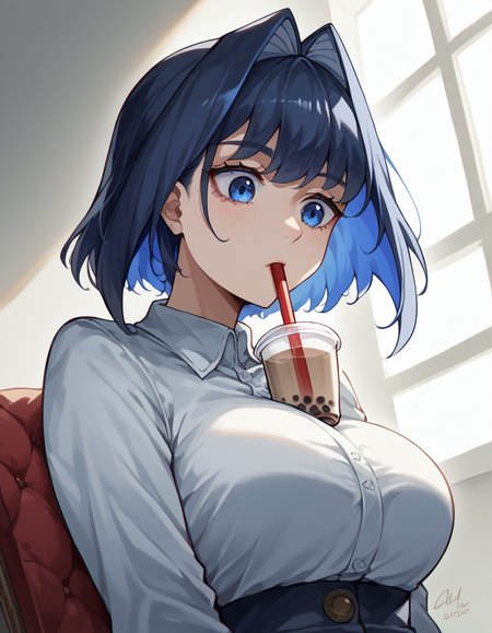 score_9, score_8_up, score_7_up, source_anime, <lora:ouro-kronii-ponyxl-lora-nochekaiser:1>, ouro kronii, blue eyes, blue hair, black hair, bangs, large breasts, short hair, hair intakes, colored inner hair,, <lora:bubble-tea-challenge-ponyxl-lora-nochekaiser:1>, bubble tea challenge, bubble tea, object on breast, drinking straw, drinking straw in mouth, drinking, cup,, indoors, sitting, looking down, , cowboy shot, dutch angle