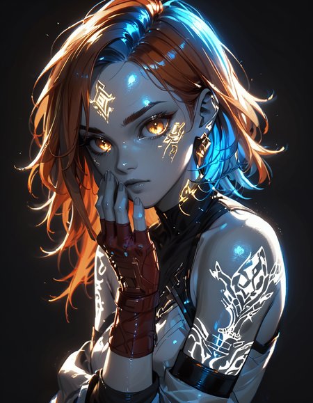 <lora:Style\glowneon_xl_v1:1.0> <lora:SelectiveColoringStyle:0.15> <lora:Concept\g1owingtatt00:1.0> <lora:Slider\lowlight:1.4>, score_9,score_8_up,score_7_up,score_6_up,score_5_up, 1girl, orange hair, blue inner hair, golden eyes, red fingerless gloves, (black background, monochrome, spot color, selective coloring, grayscale skin), glowing tattoo, (luminous), glowneon