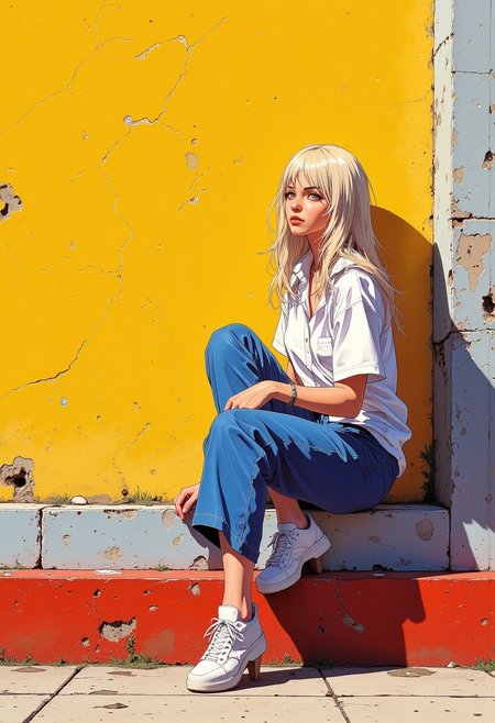 a woman with fair skin and long, straight hair sitting on a concrete ledge against a textured, mustard-yellow wall. she is dressed in a casual, white shirt, blue pants, and white shoes. the lighting is natural and soft, suggesting an outdoor setting in the late afternoon or early evening. the view angle is slightly elevated and to the side, offering a clear view of her profile and the wall behind her. the ledge is painted red with a gray border, contrasting with the warm tones of the wall. the overall mood is serene and contemplative, with a hint of urban charm.
anime, niji, digital painting, realistic, Comic book style