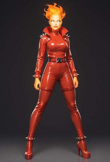 score_9, score_8_up, score_8_up, pin-up pose,  red latex bodysuit, , x belt buckle, latex, studded, detailed background, all bright red clothing, red spiked bracelets, belt, red spiked ankle bracelets, high heels,  looking at viewer, <lora:FireHuman:1> FireHuman, orange fire, empty eyes, white eyes, 1girl,
