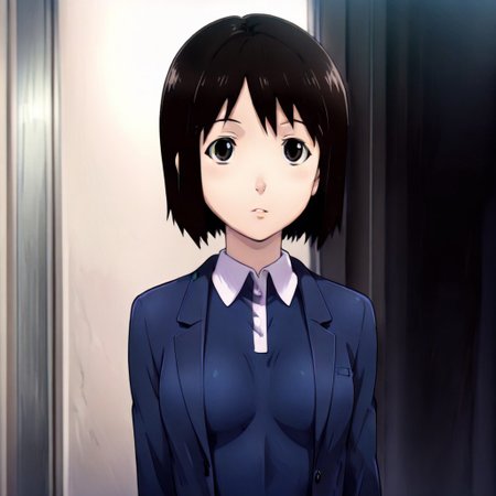 ((1girl,Nakahara_Misaki,slf, front), upper body, simple back ground, breast, open clothes) ,masterpiece, best quality, high resolution, absurdres, 1girl, nakahara_misaki, brown_eyes, black_hair, short_hair, bob_cut, small_breasts, collared_dress, blue_dress, long_sleeves,