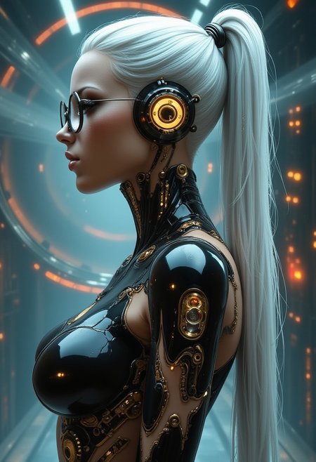 Tall stern cyborg librarian with icy stern expression and full ponytail. Glossy shampooed hair, metallic silver hair, hoop glasses with no ear hooks, glowing biomechanical eyes, unusual iris, out of focus background like large circular supercomputer , cyb3rwar3, 3/4ths angle, exposed beautiful body made from mechanical and cybernetic components beneath the skin, long ponytail, ear removed for maintenance revealing hollow cavity ,cyberpunk, bust portrait from the waist up, backless dress, soft chin and long neck, organic gear toothed rails and long swooping brass lines that run along contours of body, underlayer like a window to space, gloss black glass, negative space in body, atompunk brass