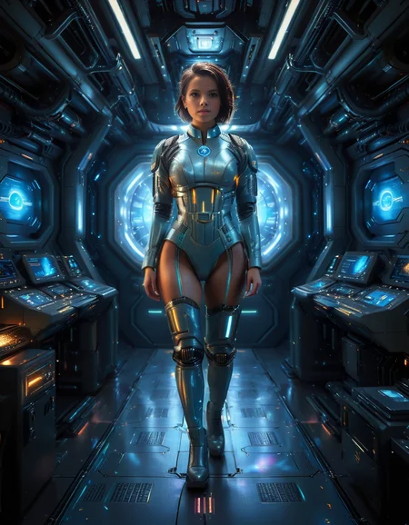 <lora:3ng1n3_r00m:1>,focus on woman,A highly detailed and cinematic depiction of a confident woman standing in the 3ng1n3 r00m of a futuristic spaceship. She is wearing a sleek and advanced space uniform, with a metallic sheen and intricate details like glowing blue energy lines running along the seams of her suit. Her uniform is form-fitting, with visible patches indicating her rank and position. She has short, neatly cut hair, a determined expression, and a calm yet commanding presence.
The engine room around her is illuminated by a mix of bright white and soft blue lights, reflecting off the polished metallic surfaces of the machinery. Massive, glowing energy cores pulse with light in the background, emitting a soft hum. Pipes, cables, and control panels surround her, each detailed with futuristic textures and glowing interfaces. The room feels alive with motion, as small holographic displays and robotic arms work automatically. The overall mood is futuristic, highly technological, and awe-inspiring, with sharp contrasts between the cold metallic surfaces and the warm light from the energy cores.
The image is rendered in a hyper-realistic and cinematic art style, with an emphasis on intricate details, dramatic lighting, and rich textures.<lora:SDXLFaeTastic2400:0.4> <lora:extremely_detailed:0.4> extremely detailed,, Masterpiece,best quality,hi res,8k,hi res,8k,award winning,(sharp focus, intricate, highly detailed),