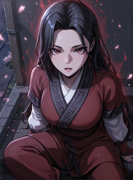HDR,masterpiece, absurdres, newest, highres, very aesthetic, detailed eyes, fit body, godrays, ambient occlusion, soft lighting, highest quality, (volumetric lighiting:1.1), realistic skin, low lighting, trending on artstation, gothic,
adult, LGSPX, (anime screencap:1.3), anime screencap, Gu Huibi, black hair, long hair, dark red eyes, mature female,
BREAK
kimono,lighting aura,cherry blossoms,power lines,sitting,arms at side,sprawled,dynamic pose,looking up viewer,(from above:1.2),parted lips,perspective,black background,vignetting,chromatic aberration,depth of field,blurry,film grain,
<lora:princess_xl_v2:0.6> <lora:add-detail-xl:0.25>  <lora:30_LOL:0.6>  <lora:g0th1cPXL:0.4>  <lora:Gu_Huibi-000091:0.7>