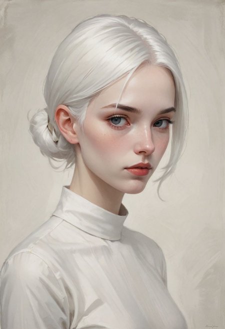 minimalist illustration, one woman, white hair, charming, captivating, minimalist, slender frame, detailed, headshot, painterly , style of malcolm liepke