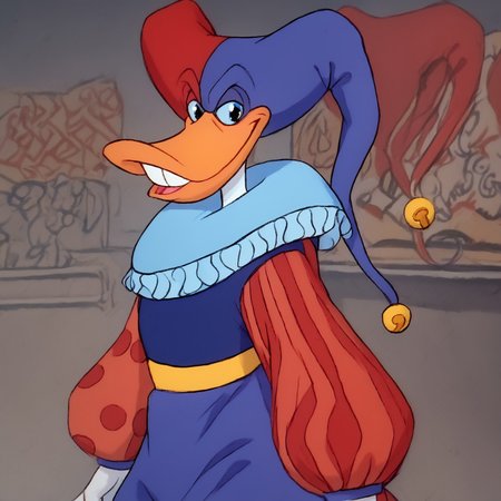 score_9,score_8_up,score_7_up,score_6_up,best quality,masterpiece, background toystore, toy shop,  1boy, solo, BREAK Quackerjack, trunk hose, ruff collar, puffy sleeves, right striped sleeve, left dotted sleeve, looking at viewer, jester cap