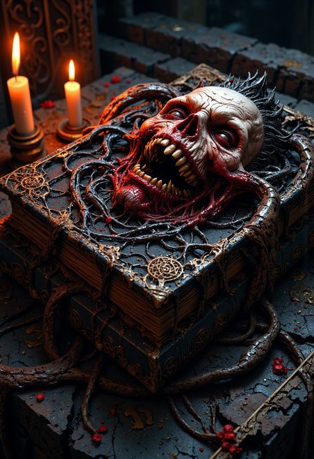 Cinematic photo, medium close up of a twisted, ancient book resembling the Necronomicon, with a leather-bound cover made of human skin, grotesquely stretched and wrinkled. The front features a disfigured, tormented face with deep-set hollow eyes, snarling mouth, and jagged teeth, evoking a sense of malevolent horror. The face on the cover appears alive, twisted in agony, with veins bulging and subtle movements, as if screaming from within. Blood-like cracks run along the skin, with oily black fluid seeping out. The book lies on an altar of jagged stone, surrounded by arcane symbols carved into the floor, illuminated by flickering candlelight. The shadows create intense contrast, heightening the eerie, oppressive atmosphere. The texture of the skin is hyper-realistic, slimy and decayed, adding to the grotesque feel. The colour palette is dominated by muted reds, blacks, and ashy greys, with highlights of flickering orange from the candle flames. Inspired by dark fantasy and horror, with a hyper-detailed, photorealistic finish. The lighting is dramatic, casting hard shadows and creating a menacing aura around the book.