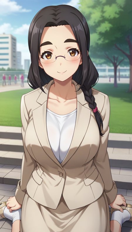 score_9,score_8_up,masterpiece,best quality,correct anatomy,anime_source,1girl,solo,perfect eyes,perfect arms,perfect legs,perfect face,outdoors,upper body,(portrait:1.5),looking at viewer,facing viewer,smile,blush,Miki Morishita,black hair,long hair,braid,forehead,thick eyebrows,brown eyes,rimless eyewear,collarbone,business suit,beige jacket,white shirt,large breasts,skirt suit,beige skirt,white socks,high heels,beige footwear,<lora:Miki Morishita(bnr)-Pony:1.4>,