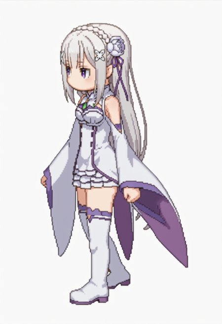 score_9, score_8_up, score_7_up, source_anime,
BREAK
<lora:shiSpriteV3:1.0>, leftwalkright, chibi, full body, looking to the side, facing to the side, from side, 
no mouth, breasts, 
simple background, white background, transparent background,
1girl, solo, anime screencap, anime coloring,
<lora:shiEmiliaV2:1> shimilia, long hair, grey hair, purple eyes, pointy ears, crown braid, hair flower, hair ribbon, purple ribbon, x hair ornament, white dress, bare shoulders, wide sleeves, white thighhighs, thigh boots,