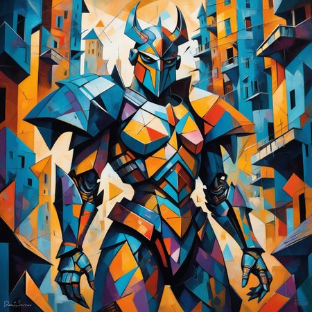 Cubist style, fragmented shapes, geometric patterns, vibrant colors, abstract, high contrast, dynamic composition, detailed armor, cyberpunk elements, cityscape, artistic, multifaceted, textured, layered, Picasso-inspired