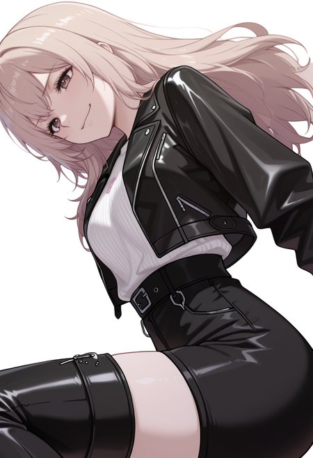 masterpiece,high quality details, absurdres,
 <lora:Kazusa_Ootori_V2:0.8> kazusa_cnr, 1girl, light brown hair, long hair, brown eyes,, simple background, white background, sideways,solo,, aroused,smirk,, pullover,leather jacket  ,high-waist pants, ,bow legwear thighhighs,