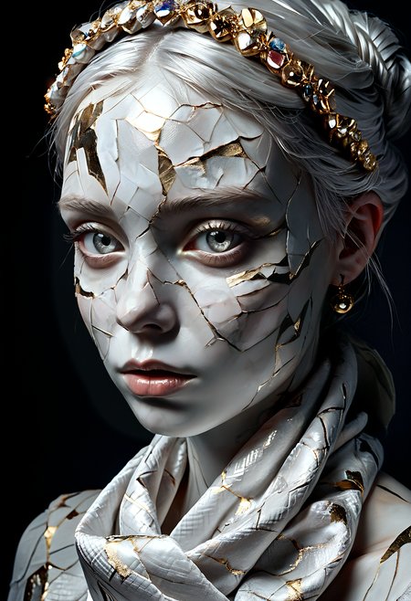 score_9, score_8_up, score_7_up, score_6_up, portrait, 1female, gyspy woman, solo, silk scarves and jewels,<lora:SCLPT:0.7>, marble skin, realistic, crack, slender, silver eyes, anceint,  marble skin, broken, dark background, indirect light, <lora:DRKDL:0.5> <lora:GWZS:0.3>