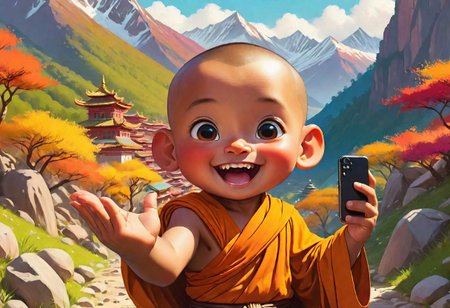 Illustrate a lively scene with a cute monk boy surrounded by vibrant mountains, snapping a joyful selfie