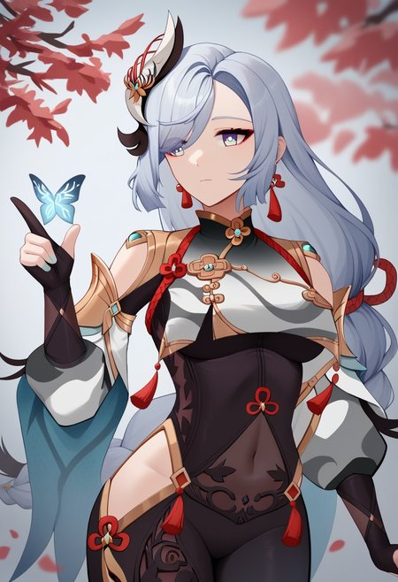 score_9,score_8_up,score_7_up,<lora:shenhe:1>,1girl,absurdres,bare_shoulders,black_bodysuit,black_gloves,blue_butterfly,blue_eyes,breast_curtain,calamity_queller_\(genshin_impact\),closed_mouth,covered_navel,expressionless,eyelashes,eyes_visible_through_hair,floating_hair,gold_trim,hair_between_eyes,hair_ornament,hair_over_one_eye,hand_up,highres,hip_vent,kuji-in,looking_to_the_side,low-braided_long_hair,low-tied_long_hair,shenhe_\(genshin_impact\),sidelocks,single_braid,single_earring,solo,swept_bangs,tassel_earrings,thighs,very_long_hair,white_hair,