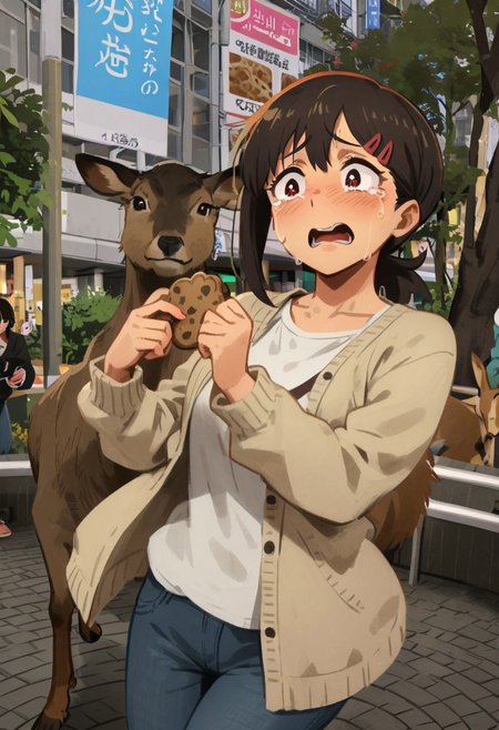 <lora:Khyle. v3:0.8>, adult deer, girl giving deer a cookie, bench, outdoors Hachikoumae, shibuya city, morning, deer, 
Higashiyama_Kobeni, tearing up, scared, sad mouth, white tank top, cardigan, open cardigan, jeans,
masterpiece, best quality,