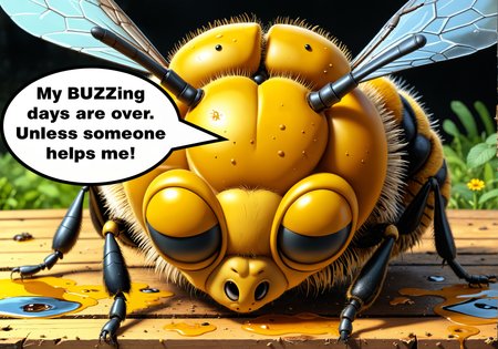 detailed cartoon painting, very sad bee fallen out of beehive, looking very sad and crying, good anatomy,  speech bubble saying " My BUZZing days are over. Unless someone helps me!", (intricate details), (hyperdetailed), realistic, 8k, hdr, highly detailed, lot of details, high quality, sfw, <lora:add-detail-xl:0.75> <lora:DetailMaximizer:0.2><lora:MidjourneyV6.1:0.1>