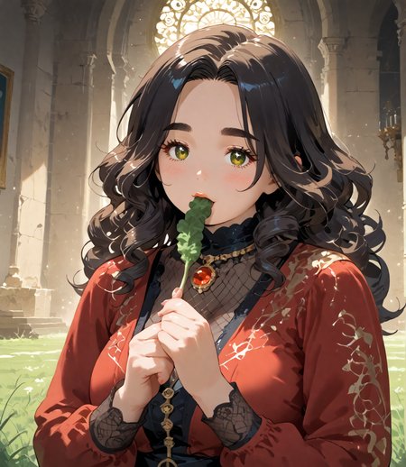 PonyScores7, source_anime, ah1, IllustriousQual, <lora:natsumi_style:0.5>, <lora:by_usakun-pony:0.4>, by usakun, <lora:Akina_Bbw_Style_-_PonyXL:0.2>, AkinBw,
BREAK (vintage Glam fashion style, merging retro elegance with modern flair, features classic silhouettes, luxurious fabrics, and statement jewelry, embodying timeless sophistication),
BREAK 1girl, mature female, (round face), (thick eyebrows), (curvy), round-chin, caucasian, (plump face), <lora:Round_face:0.2>, <lora:ETO_OC_Illustrius:0.5>, eto_oc, skindentation, (plump), thick thighs, wide hips, busty, voluptuous, lips, <lora:venus body PonyXL:0.3>, <lora:shinyskin2:0.2>, glistening skin,
BREAK  (curly hair), long hair, (black hair), (parted hair), messy hair, kinky curls, <lora:hairdetailpxl:0.2>, hairdetailpxl,
BREAK (half green and brown eyes), (colorful eyes), (multicolored eyes), (downturned eyes:1.4), <lora:expressive eyes:0.2>, expressive eyes, <lora:eyedetailpxl:0.2>, eyedetailpxl, <lora:Eyes_High_Definition:0.2>, EyesHD,
BREAK ((Hushed, A quiet subdued face as if holding back words or emotions)), <lora:Expressive_H:0.2>, Expressiveh, <lora:Emotional_Anime_Expressions_PonyXL_Concept:0.2>, emotional, <lora:Best_Facial_Expression_LoRA_PONY:0.2>, looking at viewer, <lora:Detailed expressive EXEV style -XL Pony V1.0:0.2>, FaceDetail,
BREAK ((eating Spinach)),
BREAK Black and burgundy balayage a daring outfit with a tight mesh dress layered over a fitted bodysuit, paired with fishnet tights pantyhose and high-heeled ankle boots, The look is edgy and provocative, perfect for a club,
BREAK (((taking a painting class, they create art and admire each other's work))),
BREAK <lora:xl_more_art-full_v1:0.2>, <lora:aesthetic_anime_v1s:0.2>, <lora:EpicF4nta5yXL:0.2>, <lora:detailxl:0.2>, detailxl, <lora:Fant5yP0ny:0.2>, best quality, amazing quality, best aesthetic, absurdres, illustration, Volumetric_Lighting, ultra-detailed, very aesthetic, intricate details, 8k, masterpiece, best_quality
BREAK Stable_Yogis_PDXL_Positives, AS-Adult, <lora:Complicated fantasy portrait - XL Pony V2.0:0.2>, bad-hands-5, <lora:HDA_Detailer:0.3>, HDA_FatGirlXL,