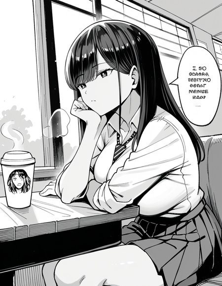 score_9, score_8_up, score_7_up, source_anime, <lora:manno-kuroda-manga-ponyxl-lora-nochekaiser:1>, kuroda, greyscale, monochrome, large breasts, long hair, bangs, school uniform, skirt, necktie, pleated skirt, rolled-up sleeves, shirt, collared shirt,, cafe, coffee cup, barista, sitting down, talking, relaxing, sunlight through window, , , sitting, elbow rest, table,, solo,, cowboy shot, dutch angle