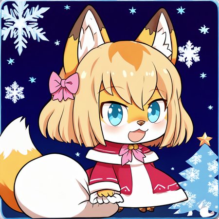 padoru <lora:padoru-IL-1.0:1>, <lora:Katinka_v01_PDXL:1>, masterpiece, perfect quality, best quality, anime coloring, 1girl, solo, padorumeme, padoru, simple dark blue background, Katinka, 1girl, solo, short hair, blonde hair, animal ears, fox ears, furry female, fox tail, blue eyes, hair bow, pink bow, fox girl, white fur, animal nose, bangs, body fur, two-tone fur, christmas background, score_9, score_8_up, score_7_up, score_6_up, score_5_up, score_4_up,