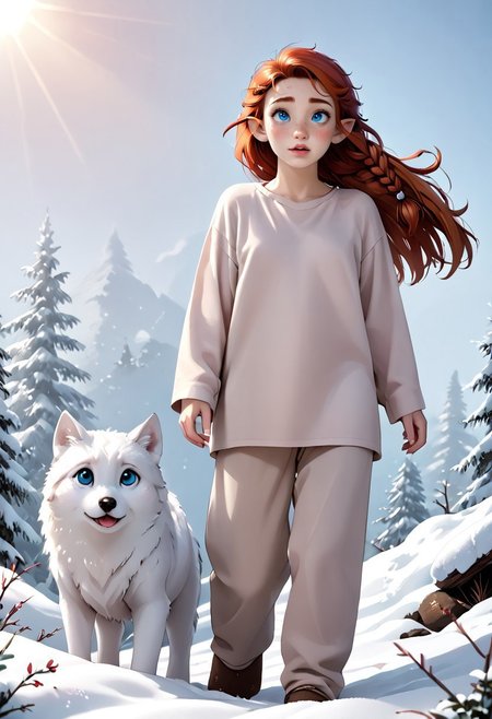 score_9, score_8_up, detailed face, a single red haired elf walking across the snow, walking next to a single white small wolf cub that is frolicking in the snow, one person, oversized clothes, wearing a ragged threadbare linen shirt and rough ragged canvas pants and a crude belt with some pouches hanging off it, snow flakes falling in the day, sunlight, long sleeves, masterpiece, cinematic look, soothing tones, hyperdetailed, 25 years old, trees, outside, long hair, hair down to hips, braided long hair, hair in a single braid, red hair, ginger hair, bright blue eyes, full body, heart shaped face, auburn hair, dirty hair, tangled hair, small nose, full lips, elven ears, pointed ears, pale skin, freckled face, freckles,