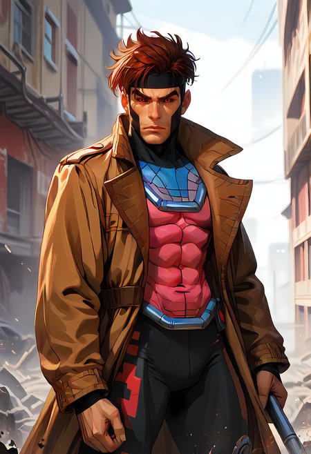 score_9, score_8_up, score_7_up, score_6_up, score_5_up, score_4_up,
city, full body view, ready for fight, warzone, dangerous place, destroyed city
<lora:Gambit_X-men_97__Comics_PDXL:1>  Gambit, Dsk_Remy_Lebeau, 1boy, auburn hair, black sclera, bodysuit, closed mouth, coat, colored sclera, facial hair, stubble, headband, muscular, open clothes, open coat, (red eyes), thick eyebrows, trench coat, upper body
 <lora:incase-ilff-v3-4:0.8>
