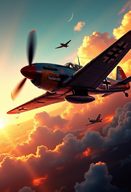 digital painting in the style of ck-js, concept art, cyberpunk, messerschmitt bf-109, ww2, vibrant, dynamic motion blur, viewed diagonally from the front, directional lighting, silhouetted, light hitting one side