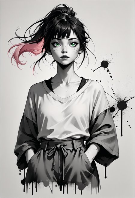 score_9, score_8_up, score_7_up BREAK monochromemuse, monochrome, greyscale, ink splatter, solo, 1girl, black hair, pink dyed hair, bangs, ponytail, green eyes, freckles  <lora:monochromemuse:1>