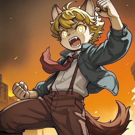 masterpiece, best quality, (absurdres), (highest quality), amazing quality, very aesthetic, no humans,
BREAK, <lora:Malt_Marzipan:1>, malt marzipan, fuga: melodies of steel, young male, 1boy, animal ears, yellow eyes, blonde hair, tail, glowing eyes,
BREAK, [brown pants], suspenders, jacket, shirt,
BREAK, solo, dutch angle, low angle view, fist, angry, hand up, (close-up), determined, serious, open mouth, fangs