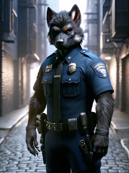 worgen, male worgen, police worgen, police clothing, in a police uniform standing in a street <lora:wowrgen-sdxl:1>