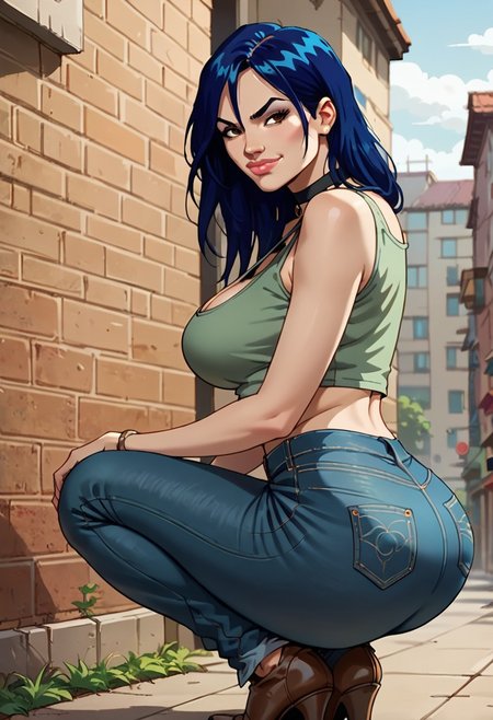score_9, score_8_up, score_7_up, 1girl, choker, jeans, crop top, squatting,
1girl, anime coloring,  blue hair, lips, zhalua moon, huntik, brown eyes, ass, smug,large breasts, big ass, from side, one bare shoulder, cleavage,