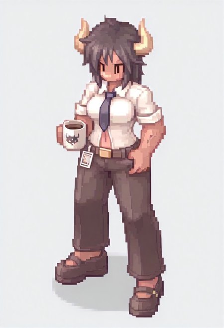 masterpiece, best quality, ultra-detailed, highly detailed, sharp focus, dramatic lighting,  
1boy, solo, full body, minotaur, humanoid bull, muscular build, office worker, business attire,  
white dress shirt, rolled-up sleeves, loosened necktie, fitted suit pants, leather belt, polished dress shoes,  
short dark fur, strong arms, broad shoulders, imposing yet professional stance,  
large curved horns, short messy black hair, piercing golden eyes, fur-covered arms with visible veins,  
holding a coffee mug, ID badge clipped to shirt, carrying a stack of documents,  
tired but determined expression, slightly disheveled look, adjusting tie,  
corporate office setting, fluorescent lighting, modern minimalist background,  
fantasy meets modern aesthetic, simple background, white background  
ROSPRITE, ROSPRITES  ,Character Design page
, visible navel, big breasts, padding breasts, erotic style,