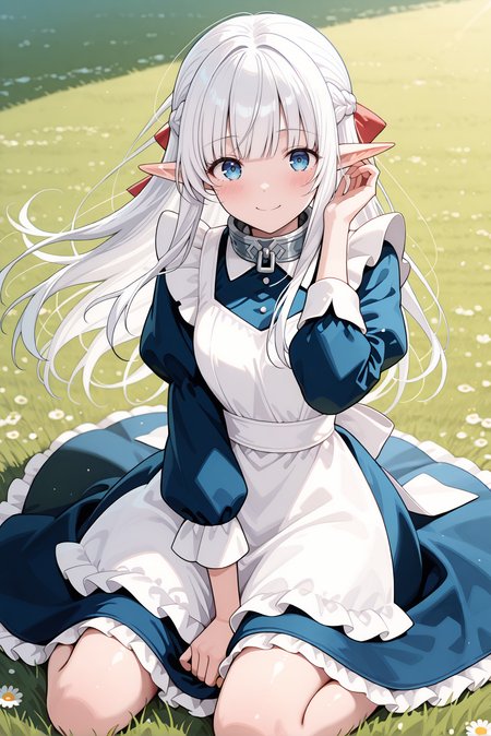 masterpiece, best quality, very aesthetic, absurdres, ultra-detailed, highly detailed,  shiny skin, (wind lift:1.2), blush, (long dress:1.2),   full body, (wariza:1.2), legs apart, arm between legs,  floating hair, blush, (hand in own hair:1.2), tucking hair, 
meadow, wind, outdoors, smile, looking at viewer, sitting, on grass, 
<lora:Nephelia-08:1> nephelia, 1girl, long hair, white hair, braid, pointy ears, french braid, elf, blue eyes, ribbon, apron, sidelocks, dress, bow, hair ribbon, maid, hair bow, frills, blunt bangs, blue dress, white apron, collar, red bow, metal collar,
<lora:illustrious_noobai_epsilon_pred_11_very_aesthetic_v1_1029791:1>
(lazypos:0.7)
