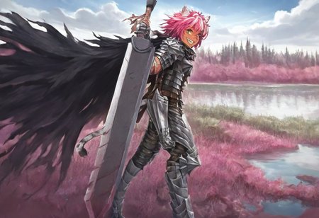 masterpiece, very aesthetic, anime screenshot, 1girl, Pink_PonyXL, DragonSlayerSword-Il.V1.0, white tiger striped armor, white tiger striped shoulder armor, gauntlets, greaves, bandaged arm, white tiger striped cape, torn cape, bright pink hair, cat ears, scar on nose, cat bell around neck, tanned, white tiger tail, small breasts, femine body, smiling, making a cute cat face, single fanged tooth showing, standing, looking at viewer, side view, wielding-dragonslayer, huge weapon, sword, holding sword, holding weapon, full body, zoomed in on pink_ponyxl, Dutch angle, cowboy shot 
Break
Hyilian lake, bright and sunny,