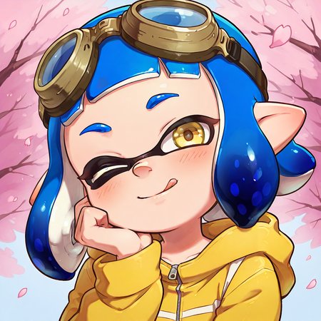 (masterpiece, highres, high quality, best quality:1.2),
1girl, solo, female focus, looking at viewer, portrait, one eye closed, :q, 
suckiwoomy, inkling, blue hair, short hair, yellow eyes, 
goggles on head, yellow jacket, 
cherry blossoms, 